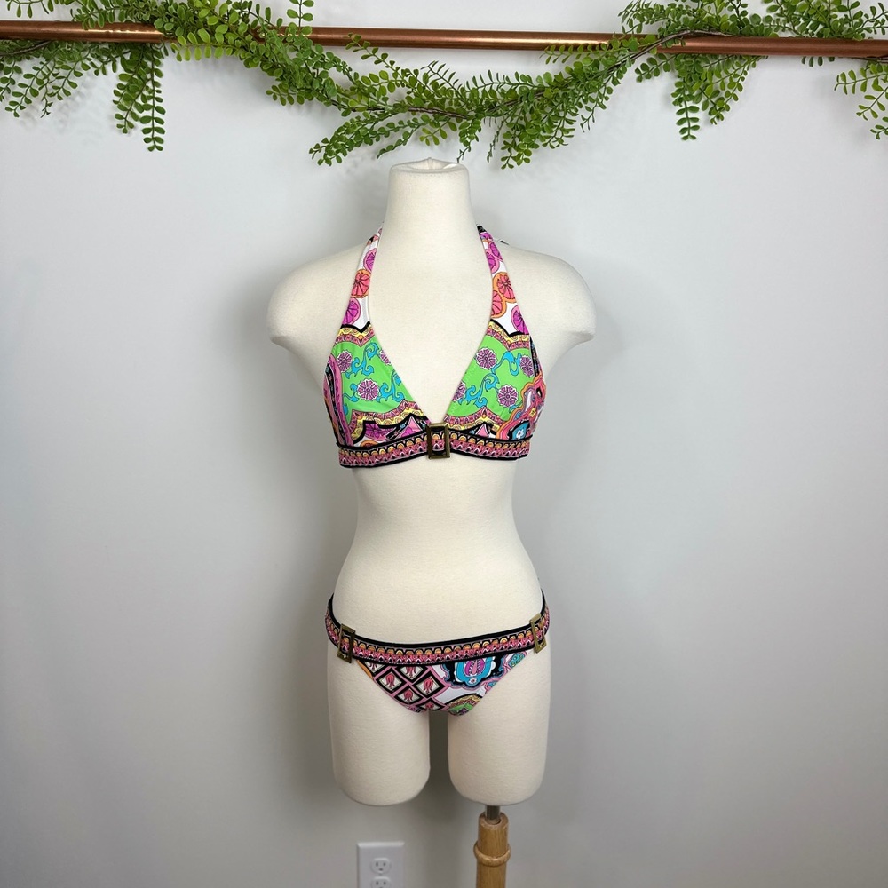 Trina Turk 2pc halter tie back bikini with brass hardware (sz 4/s6)